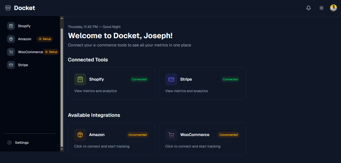 Unified Shopify dashboard showing analytics, integrations with Stripe, Facebook Ads, and Gorgias customer support